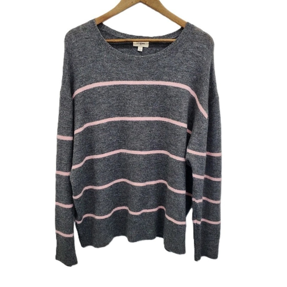 Umgee Womens S Gray Pink Striped Knit Sweater Crew Neck‎ Long Sleeve Cozy